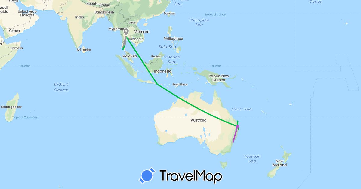 TravelMap itinerary: bus, plane, train, boat in Australia, Indonesia, Thailand (Asia, Oceania)